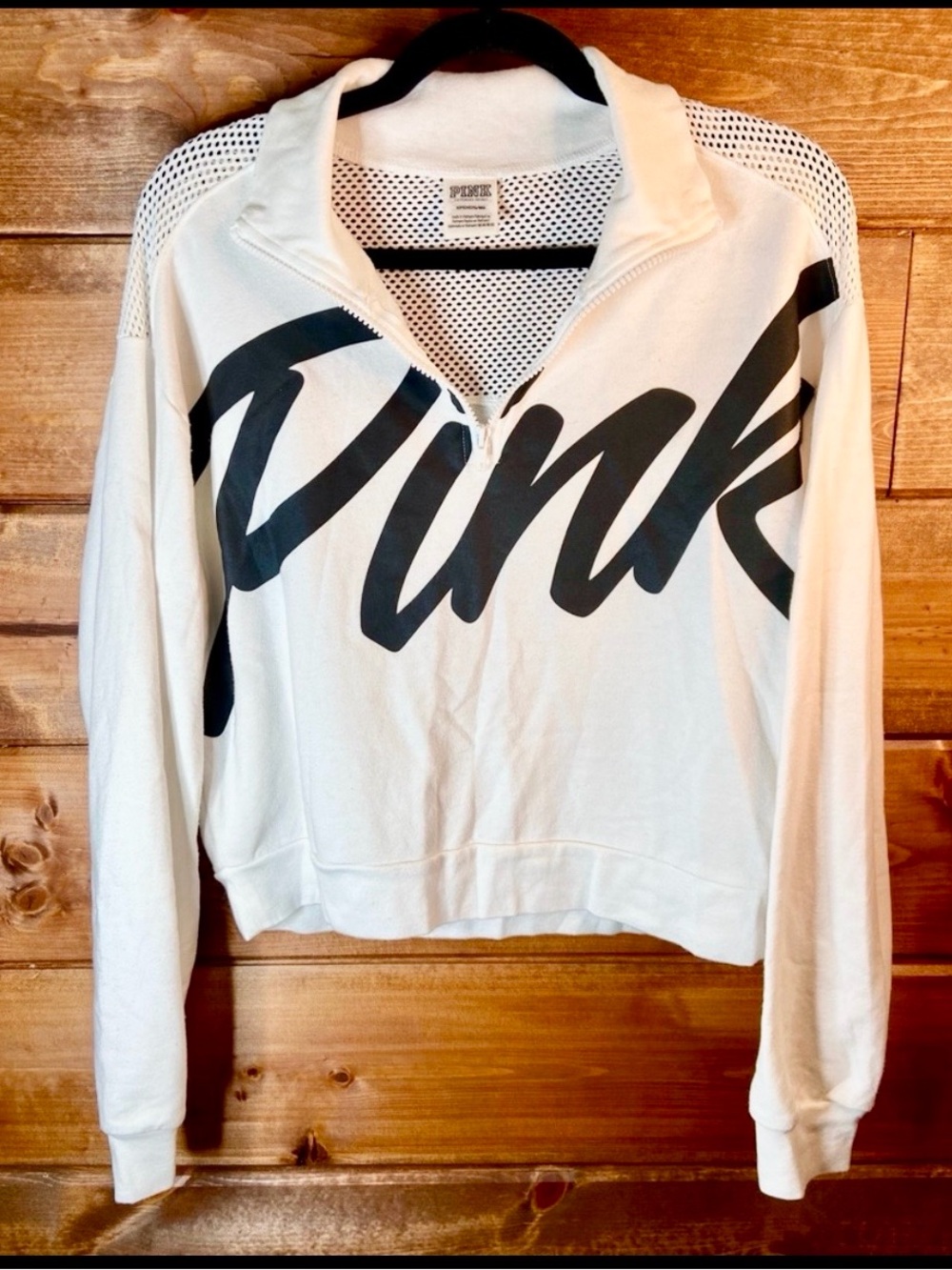 Victoria's Secret PINK White and Black Mesh Shoulder Pullover Sweatshirt - Small